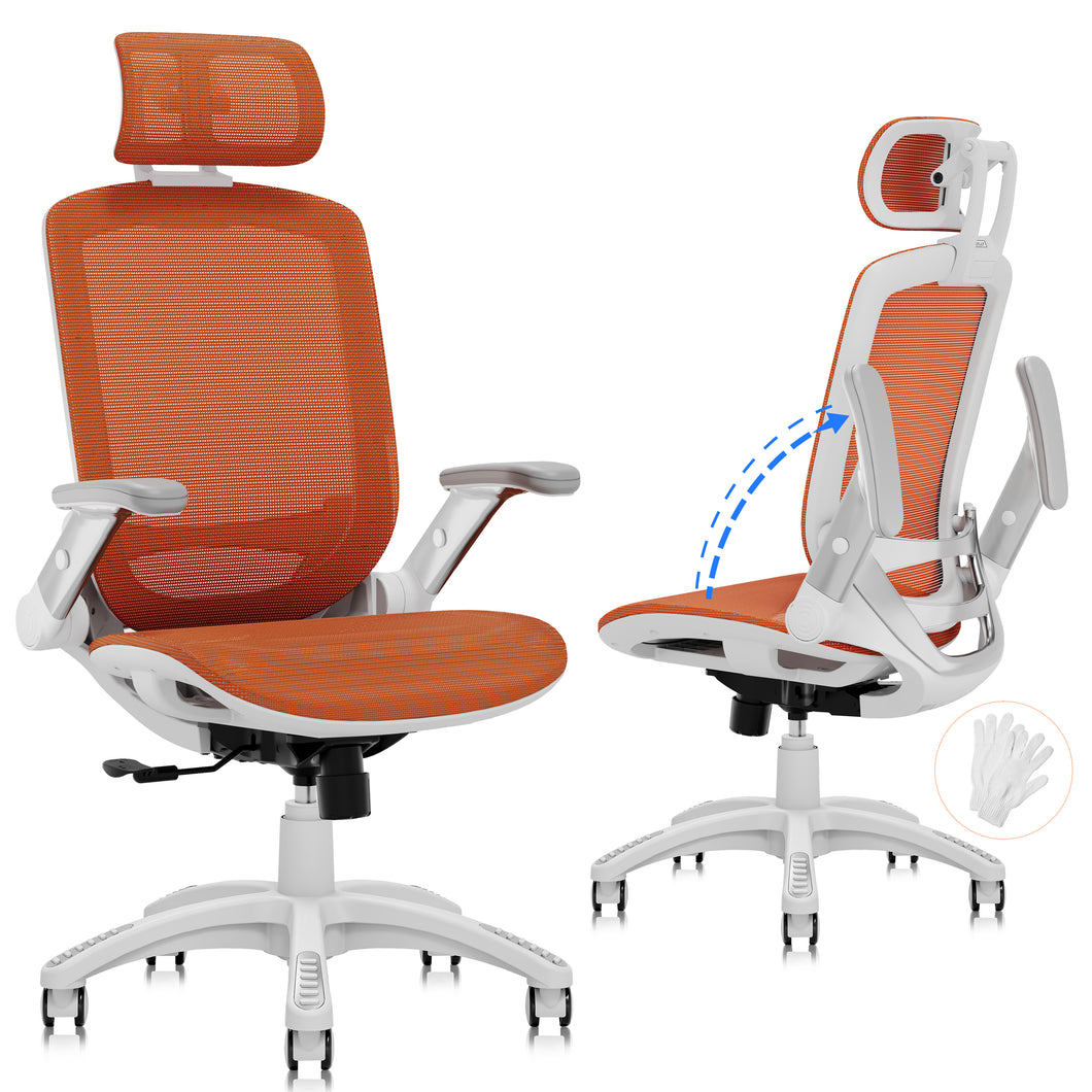 GABRYLLY Office Chair with Flip-up Arms, Orange Mesh Chair with White Backrest Frame(GY01WO)