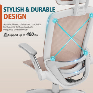 GABRYLLY Office Chair with Flip-up Arms, Pink Mesh Chair  with White Backrest Frame(GY01WPK)