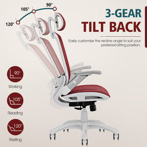 GABRYLLY Office Chair with Flip-up Arms, Red Mesh Chair with White Backrest Frame(GY01WR)