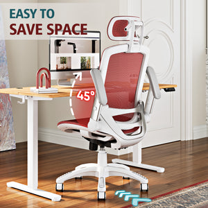 GABRYLLY Office Chair with Flip-up Arms, Red Mesh Chair with White Backrest Frame(GY01WR)