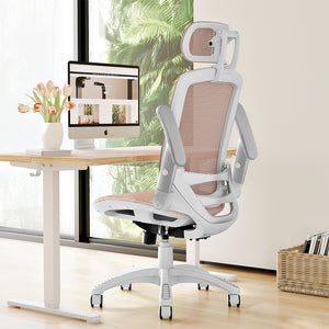 GABRYLLY Office Chair with Flip-up Arms, Pink Mesh Chair  with White Backrest Frame(GY01WPK)