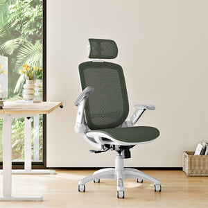 GABRYLLY Office Chair with Flip-up Arms, Olive Green Mesh Chair with White Backrest Frame(GY01WOG)