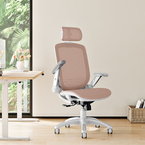 GABRYLLY Office Chair with Flip-up Arms, Pink Mesh Chair  with White Backrest Frame(GY01WPK)